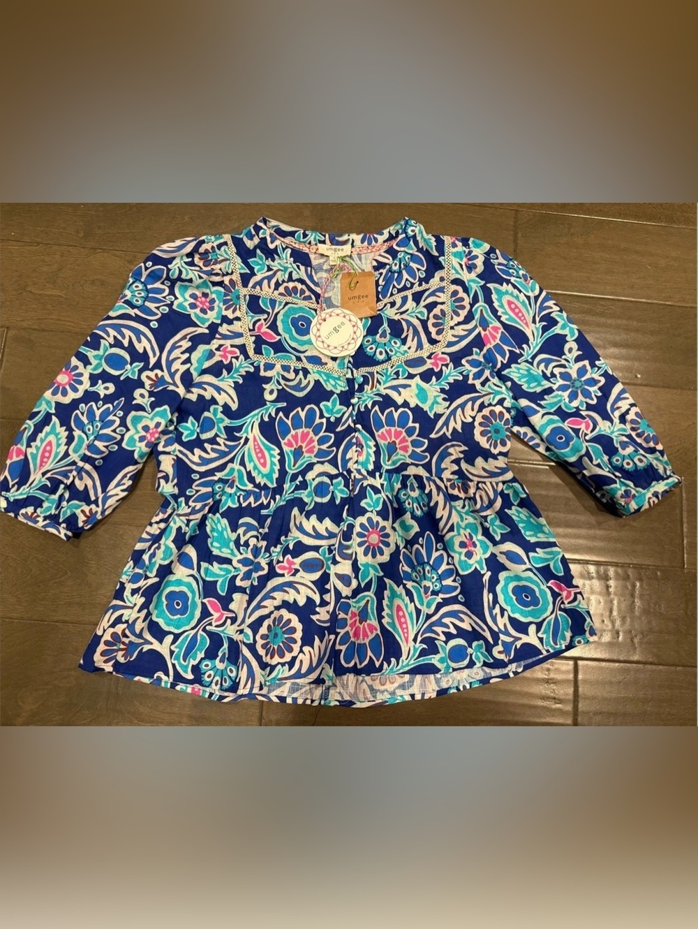 New Umgee Floral Cotton Blouse in Blue & Pink SMALL